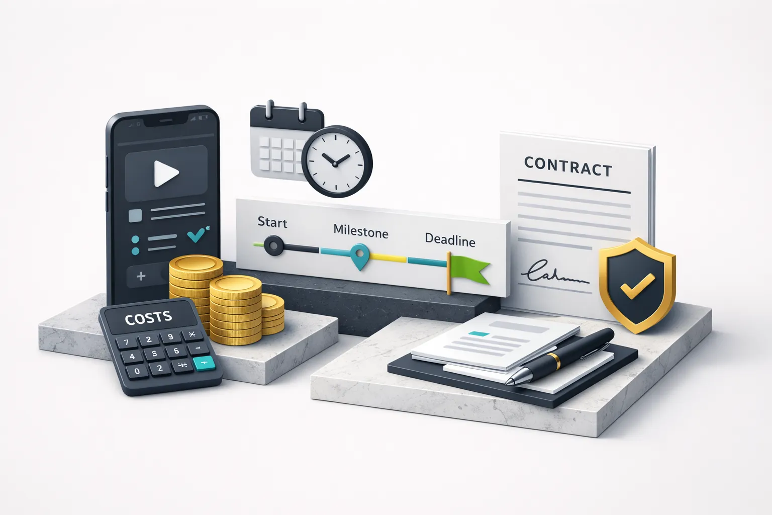 Professional mobile app developer reviewing contract documents with cost estimates and project timeline on desk