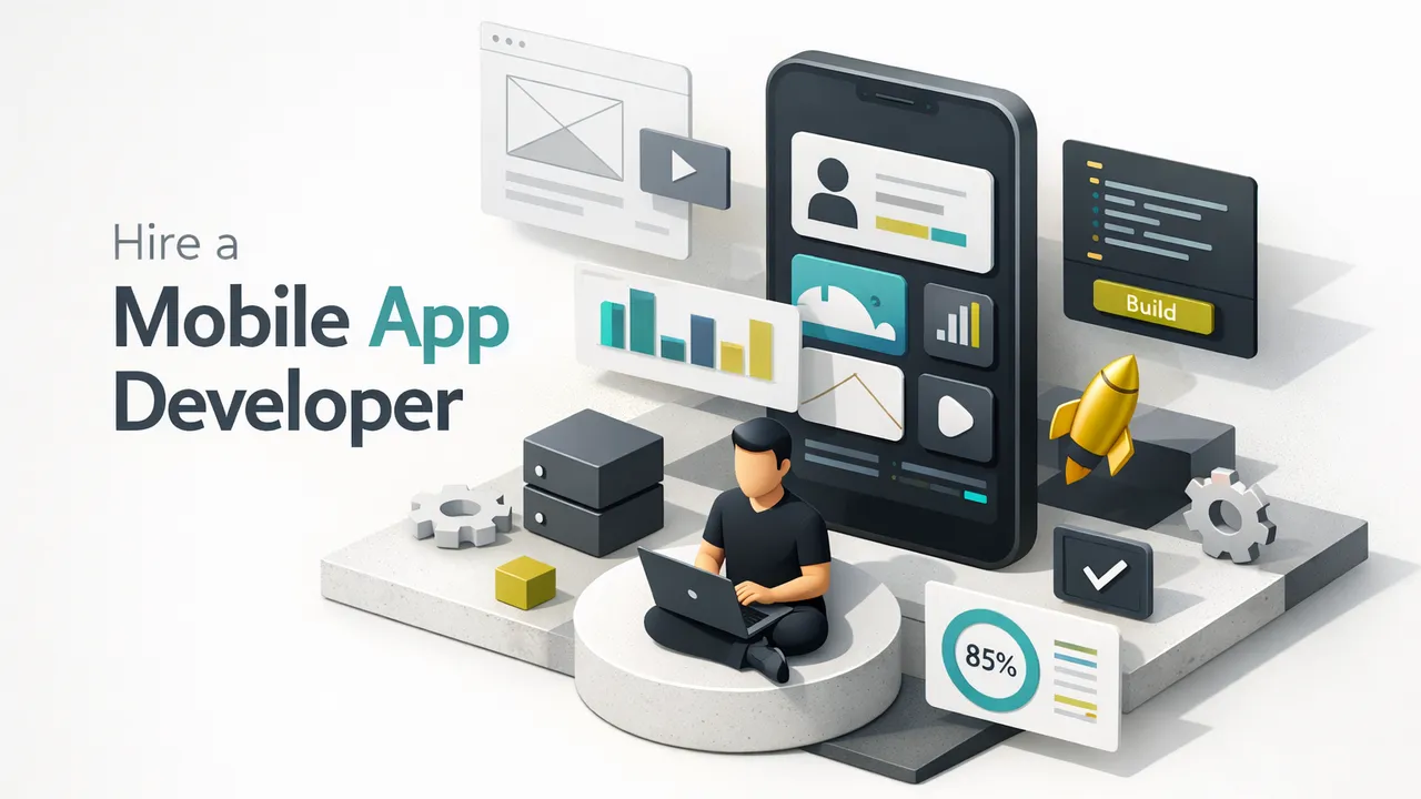A professional mobile app developer working on code at a modern desk with multiple screens displaying app interfaces