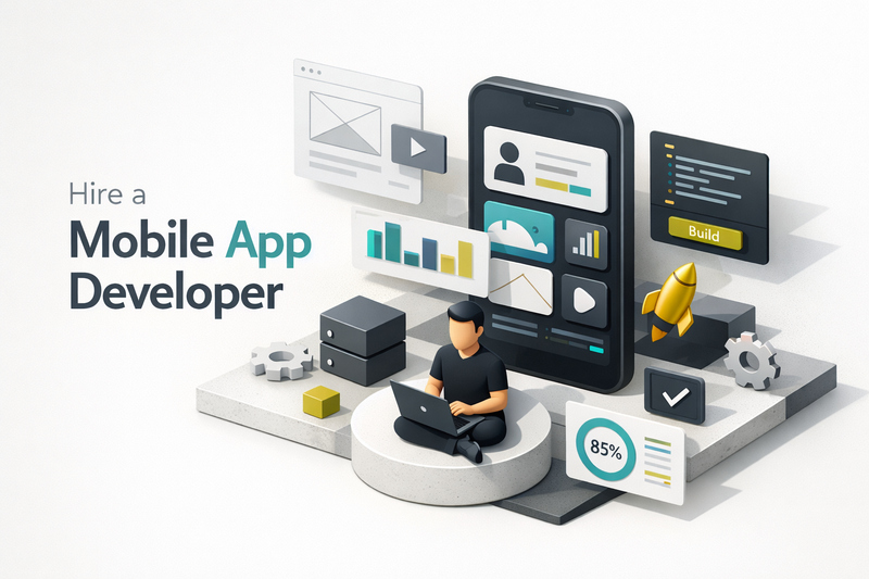 A professional mobile app developer working on code at a modern desk with multiple screens displaying app interfaces