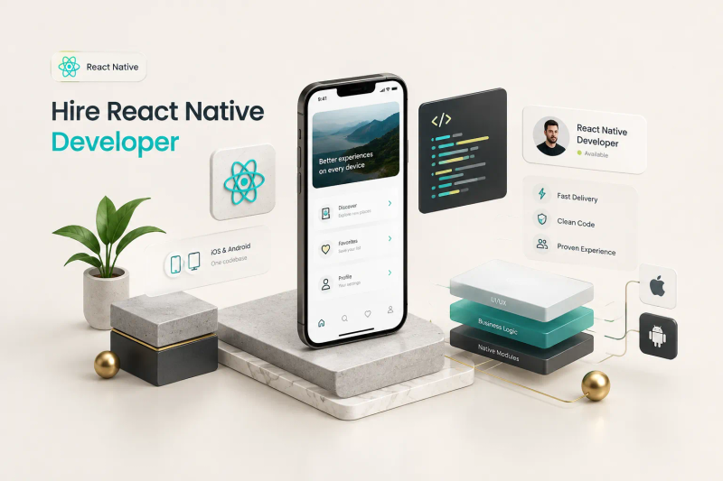Developer coding a React Native mobile app interface on a laptop in a modern office workspace