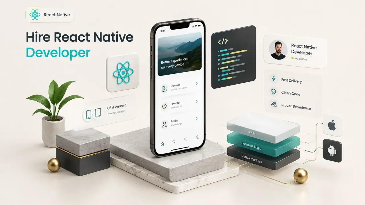 Developer coding a React Native mobile app interface on a laptop in a modern office workspace