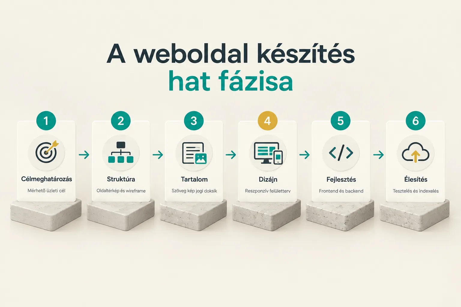 Step-by-step diagram, A weboldal készítés hat fázisa. 1. Célmeghatározás, Mérhető üzleti cél; 2. Struktúra, Oldaltérkép…