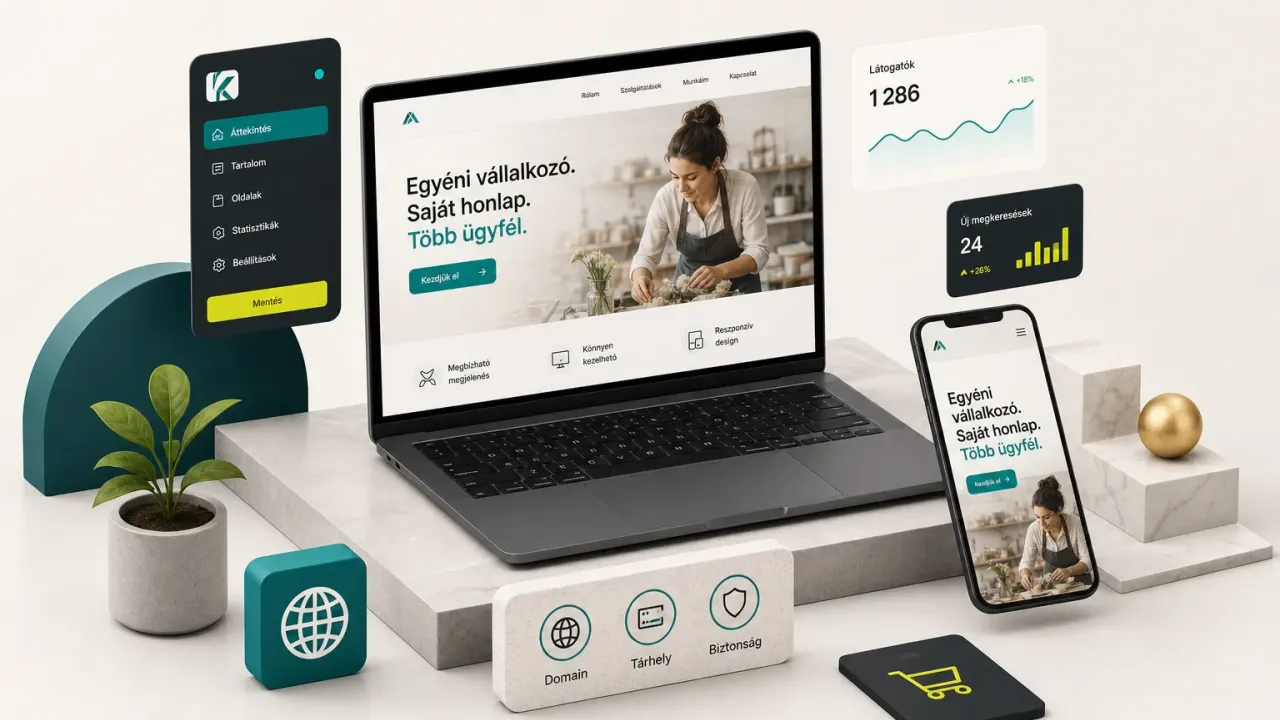 Egyéni vállalkozónak készült modern honlap megjelenítése laptop és mobil képernyőn