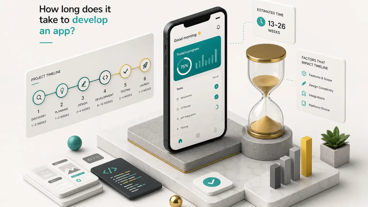 Timeline chart showing how long it does take to develop an app, from planning to launch stages