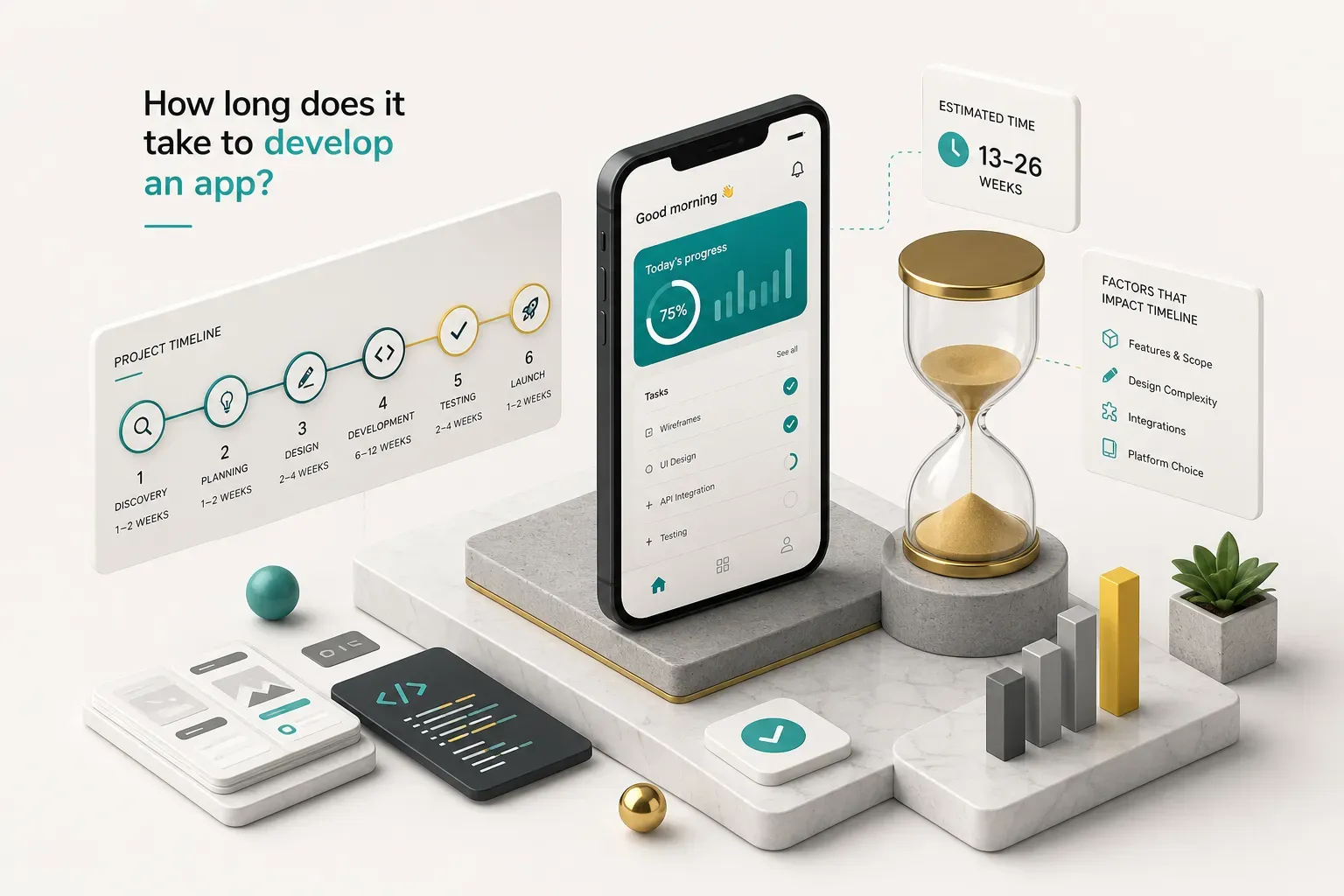 Timeline chart showing how long it does take to develop an app, from planning to launch stages
