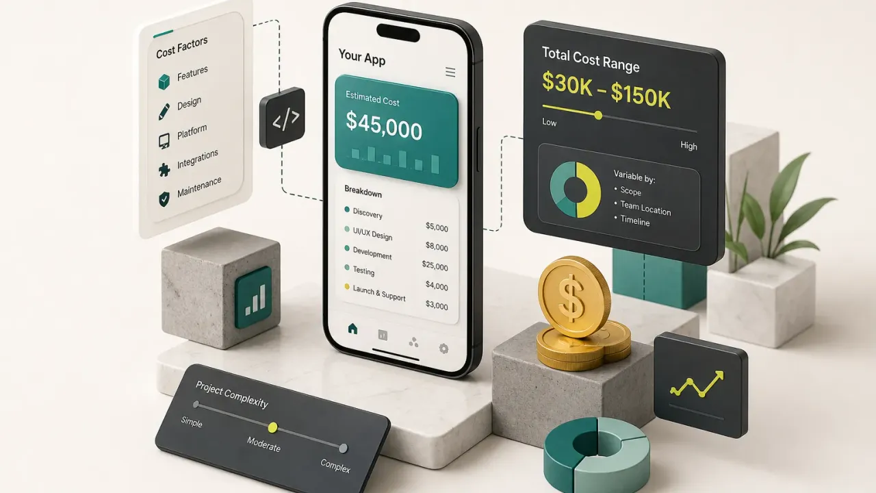 Breakdown chart showing how much does it cost to make an app across design, development, and testing stages