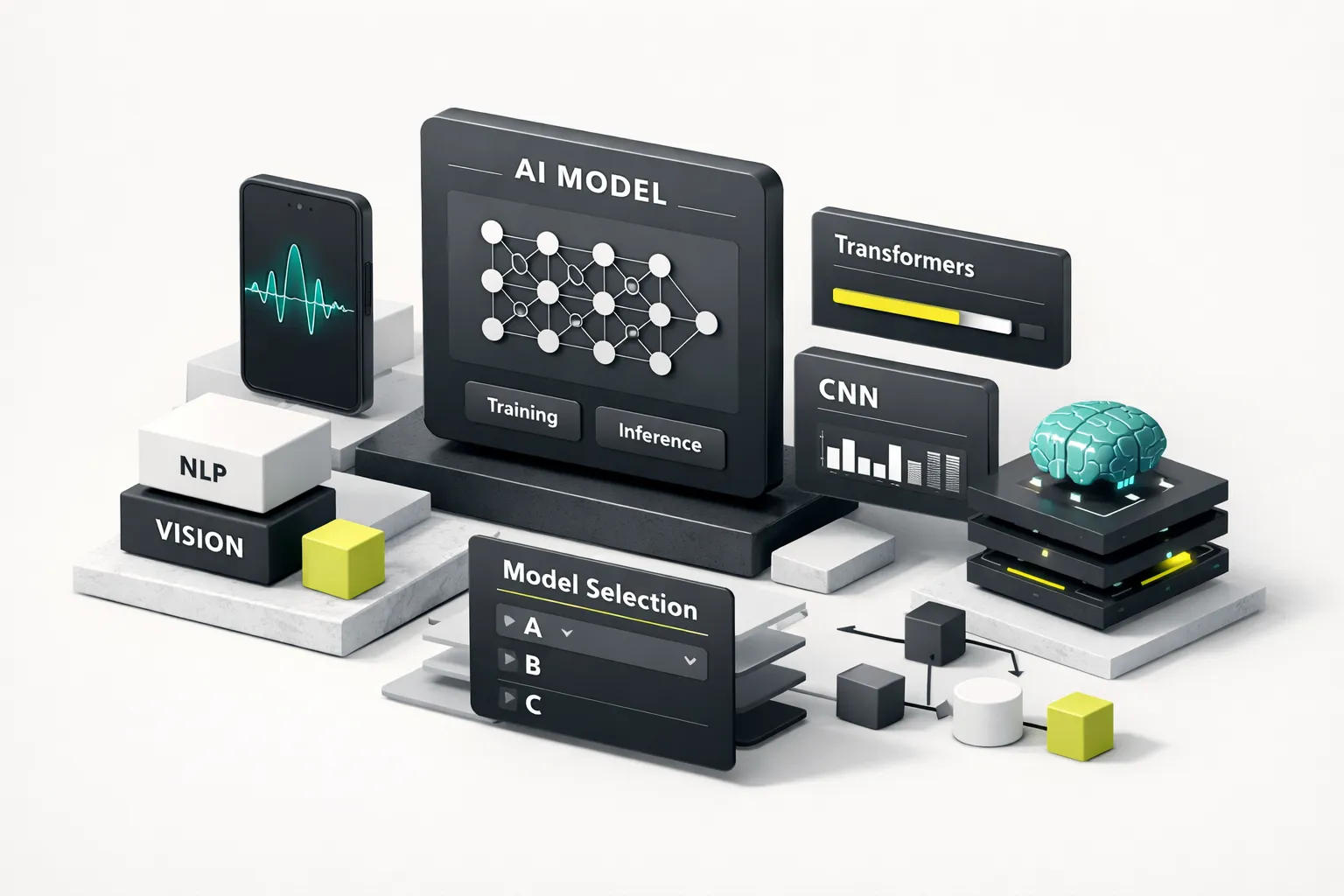 Developer comparing AI model architecture diagrams on a laptop screen, selecting the best framework for building an AI app