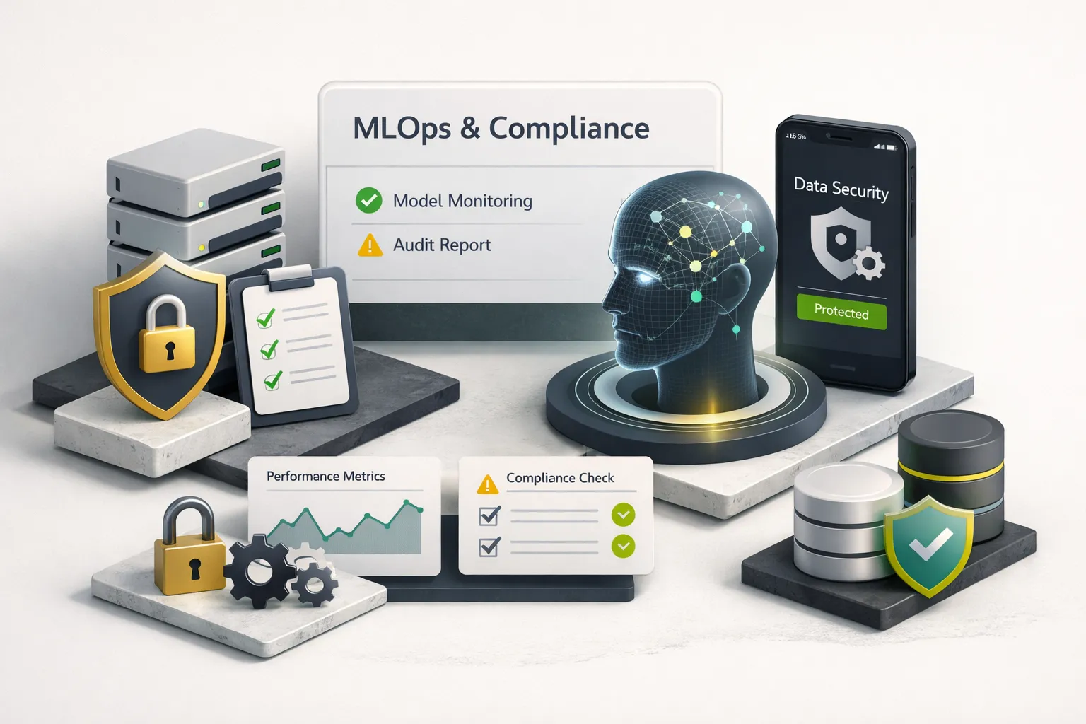 Developer monitoring AI app dashboards with MLOps pipelines and compliance checklists on dual screens