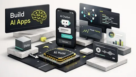 Developer coding an AI app on laptop with neural network diagrams and code on screen, illustrating how to build an AI app