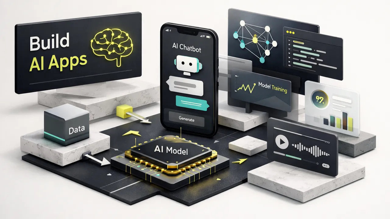 Developer coding an AI app on laptop with neural network diagrams and code on screen, illustrating how to build an AI app