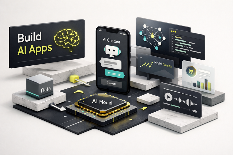 Developer coding an AI app on laptop with neural network diagrams and code on screen, illustrating how to build an AI app