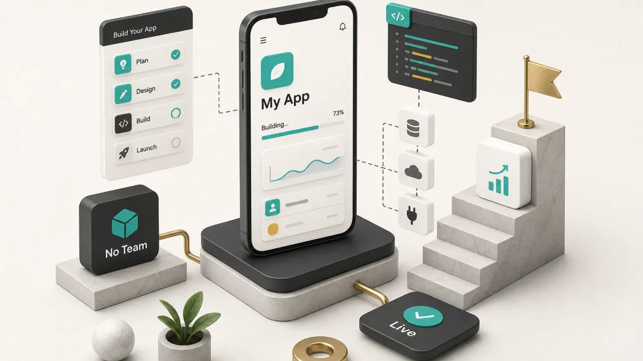 Solo founder building an app without a team using no-code tools on a laptop workspace