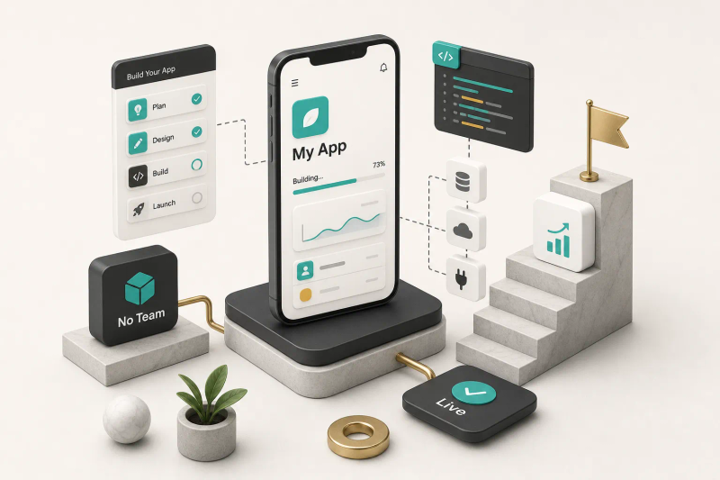 Solo founder building an app without a team using no-code tools on a laptop workspace