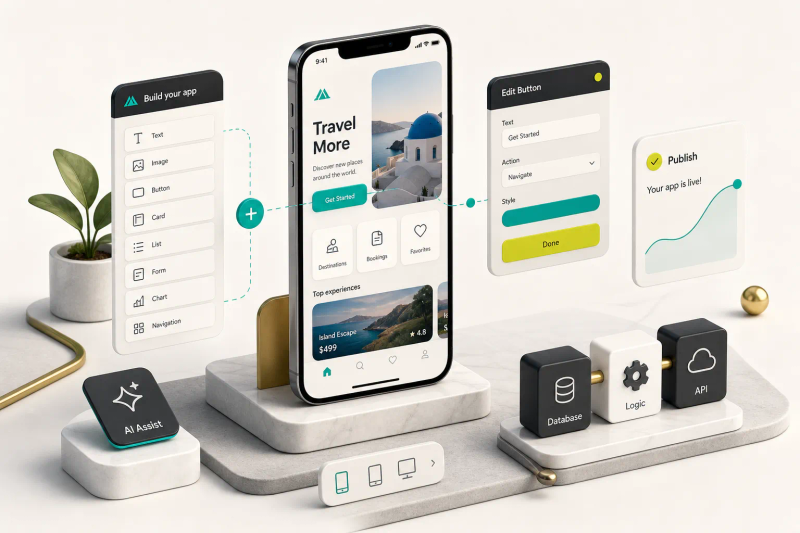 No-code app builder interface showing drag-and-drop screens for how to build an app without coding