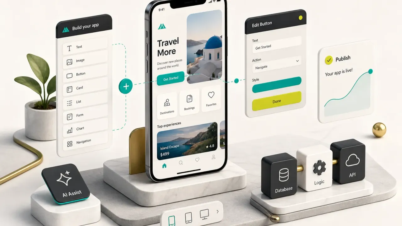 No-code app builder interface showing drag-and-drop screens for how to build an app without coding