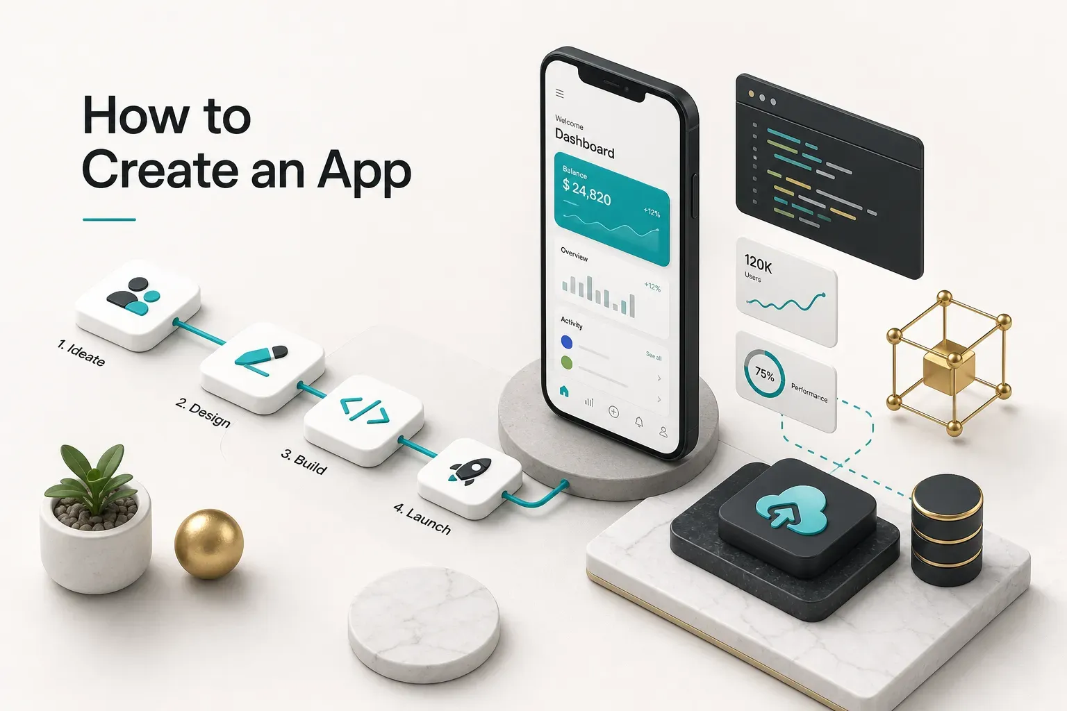 Step-by-step guide showing how to create an app, from wireframe sketches to a finished mobile screen mockup