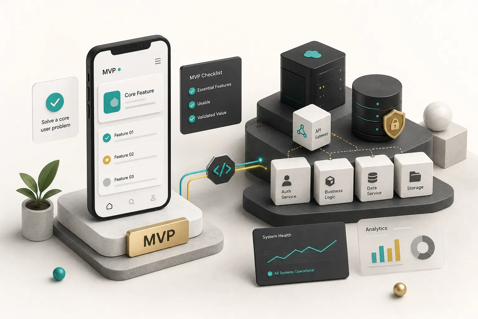 Diagram outlining how to create an app by defining the MVP features and backend systems that power it