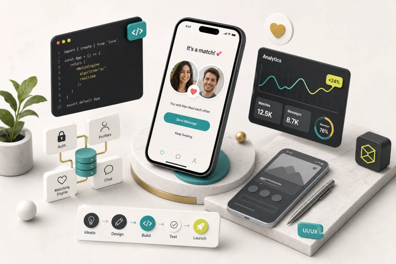 Wireframe mockups showing the design process for how to make a dating app, from profile setup to match screen