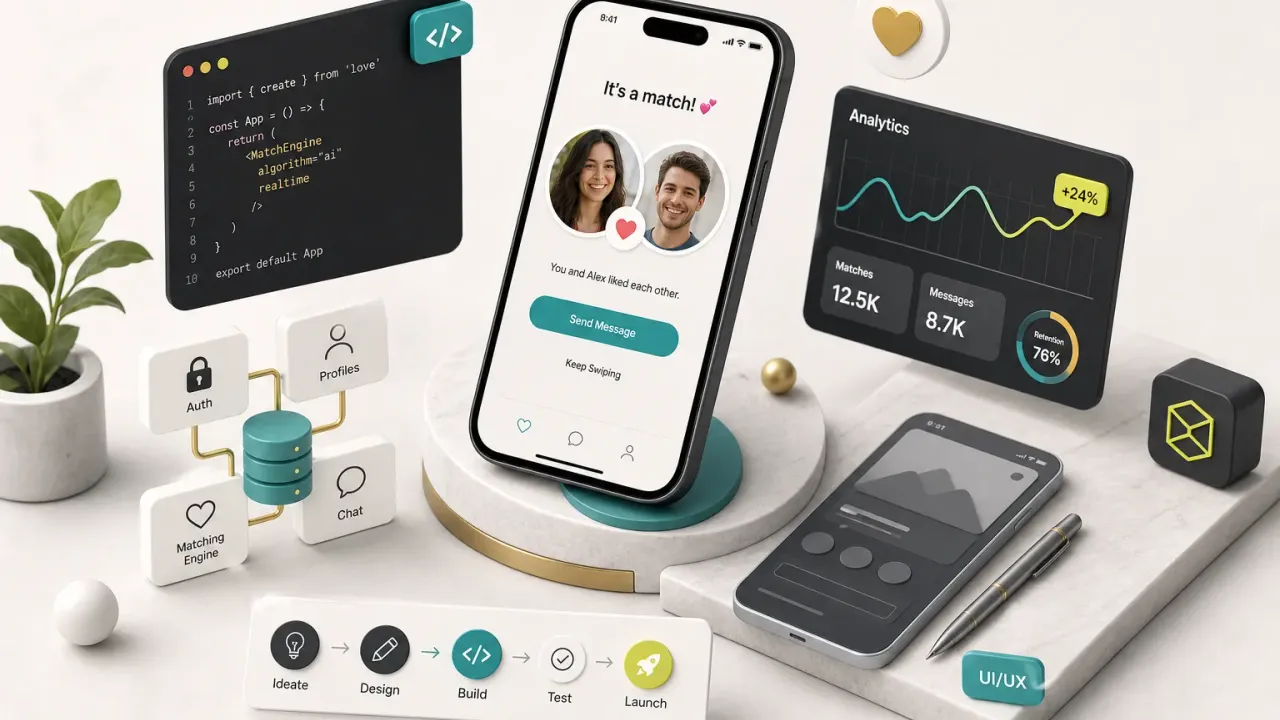 Wireframe mockups showing the design process for how to make a dating app, from profile setup to match screen