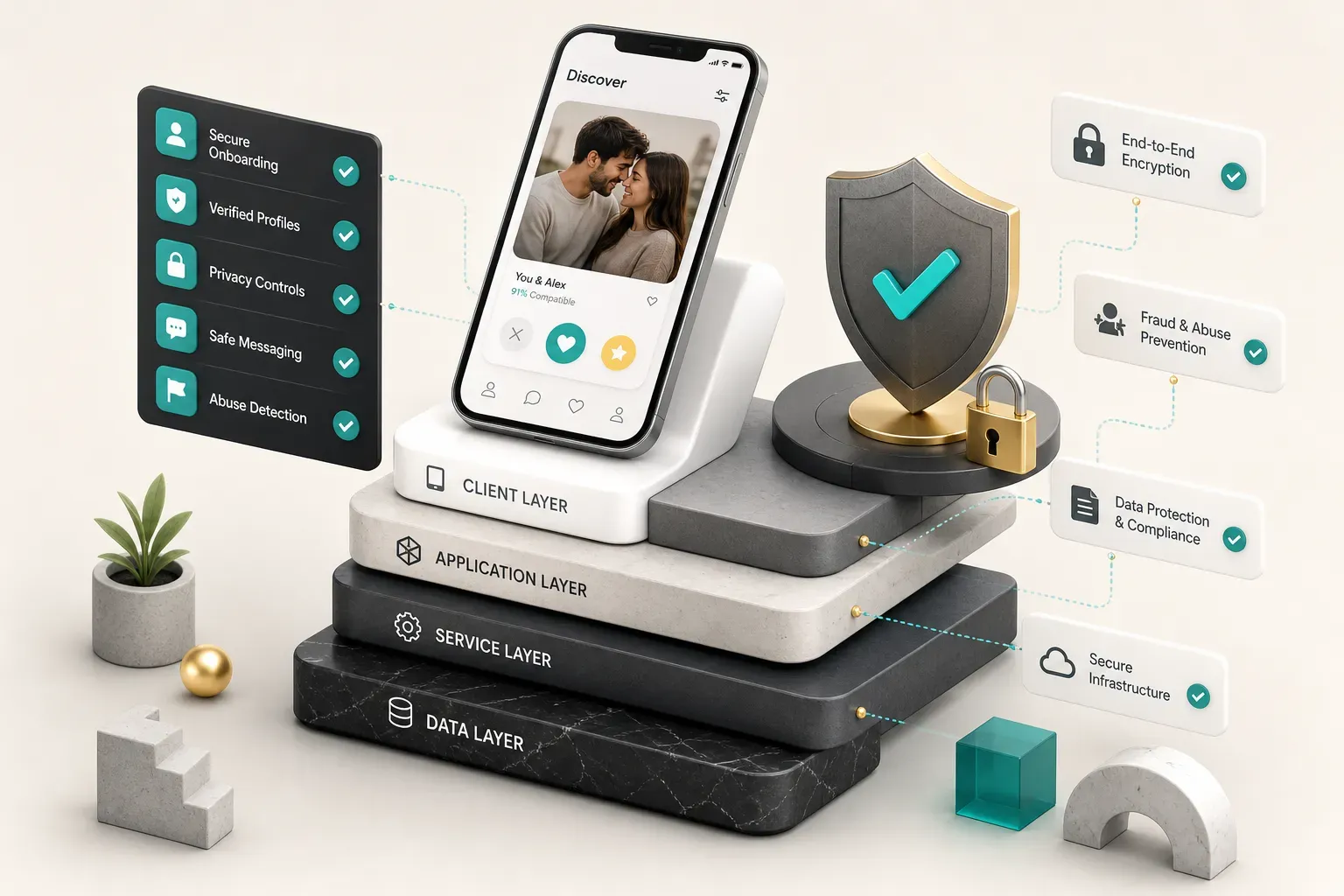 Layered security architecture diagram showing how to make a dating app with verification, encryption, and moderation safeguar