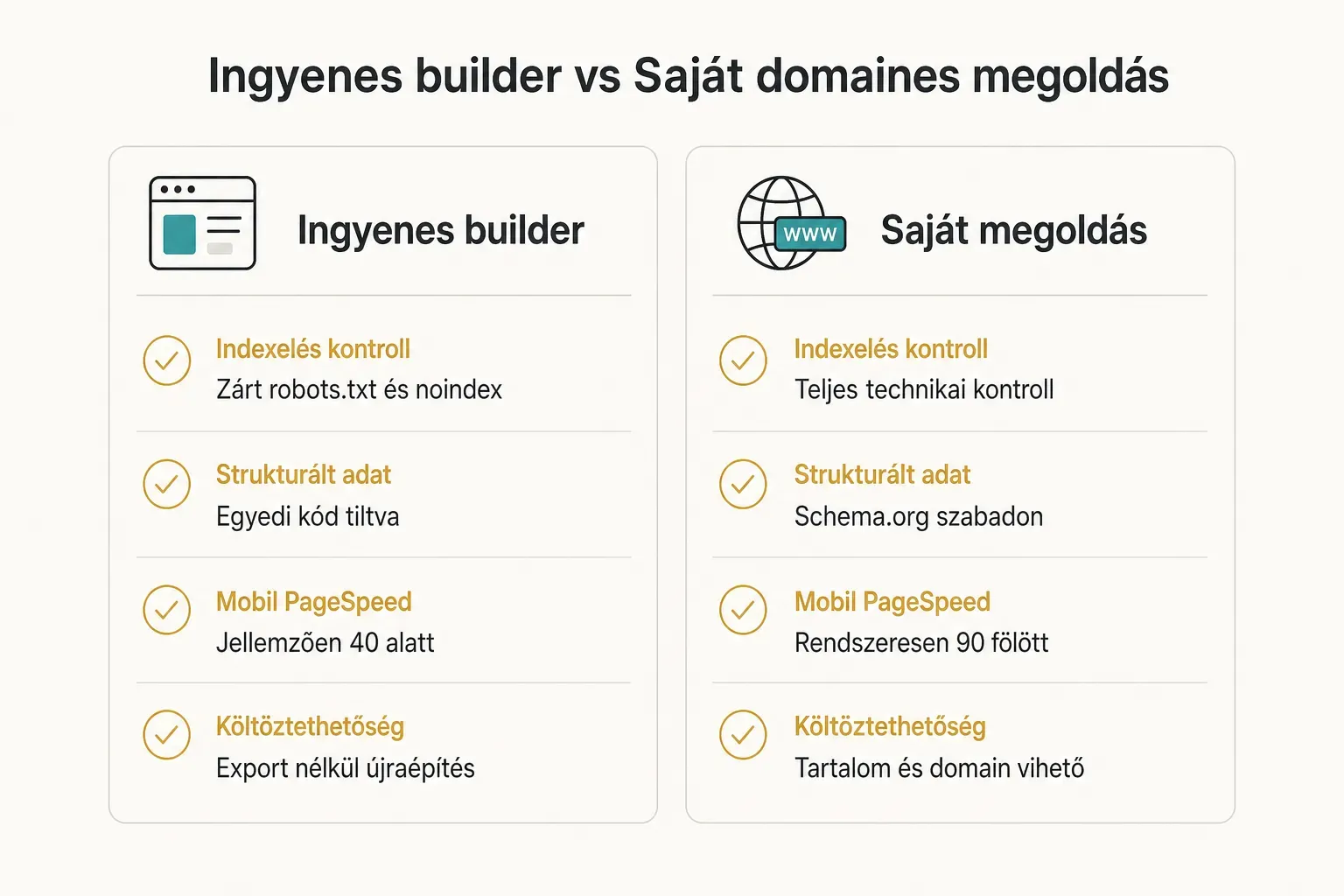 Comparison table, Ingyenes builder vs Saját domaines megoldás. Indexelés kontroll, Ingyenes builder: Zárt robots.txt és…