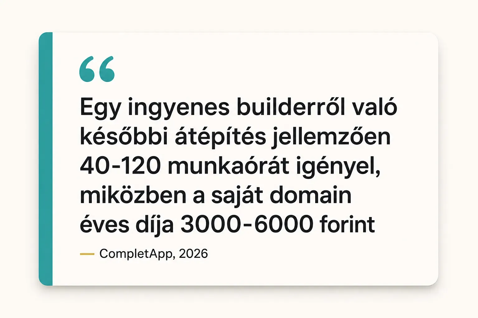 Key insight: Egy ingyenes builderről való későbbi átépítés jellemzően 40-120 munkaórát igényel, miközben a saját domain…