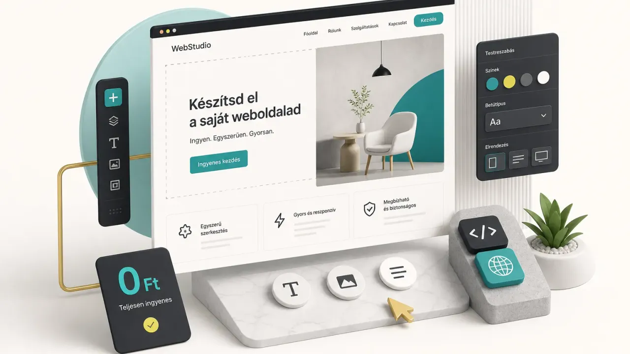 Ingyenes weboldal készítő felület böngészőben, drag-and-drop szerkesztéssel weboldal tervezéséhez