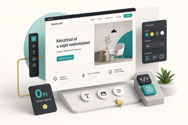 Ingyenes weboldal készítő felület böngészőben, drag-and-drop szerkesztéssel weboldal tervezéséhez