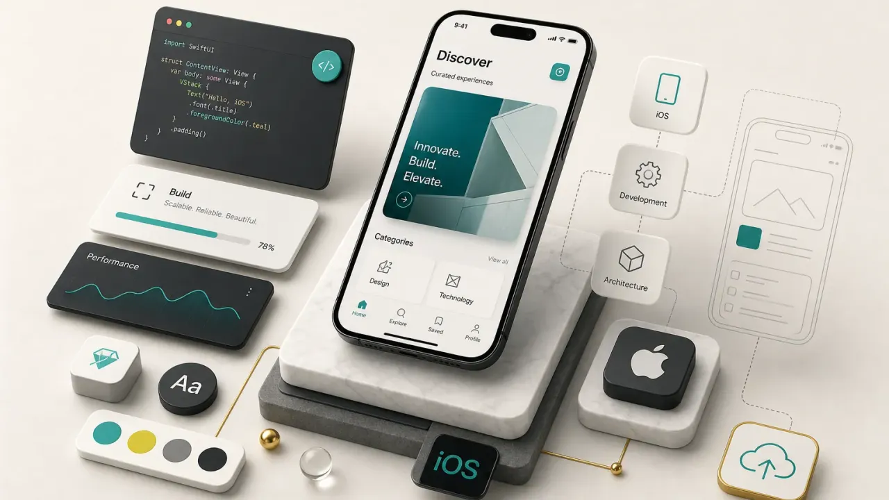 iOS app fejlesztés folyamata fejlesztői környezetben, Swift kódrészletekkel és mobil eszköz teszteléssel