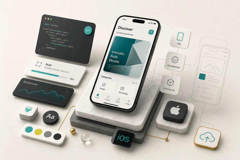 iOS app fejlesztés folyamata fejlesztői környezetben, Swift kódrészletekkel és mobil eszköz teszteléssel