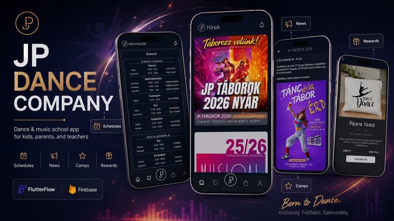 JP Dance Company app preview with news feed, schedule, and rewards screens