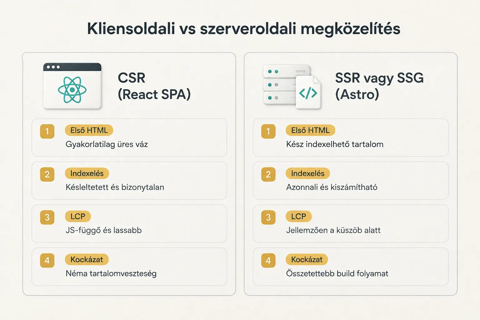 Comparison table, Kliensoldali vs szerveroldali megközelítés. Első HTML, CSR (React SPA): Gyakorlatilag üres váz; SSR vagy…