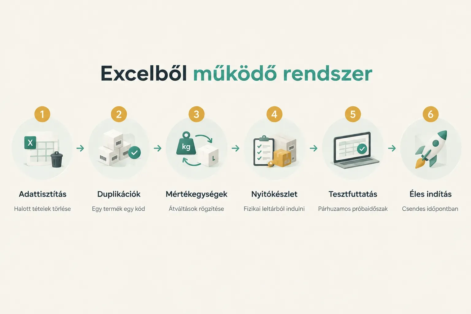 Step-by-step diagram, Excelből működő rendszer. 1. Adattisztítás, Halott tételek törlése; 2. Duplikációk, Egy termék egy…