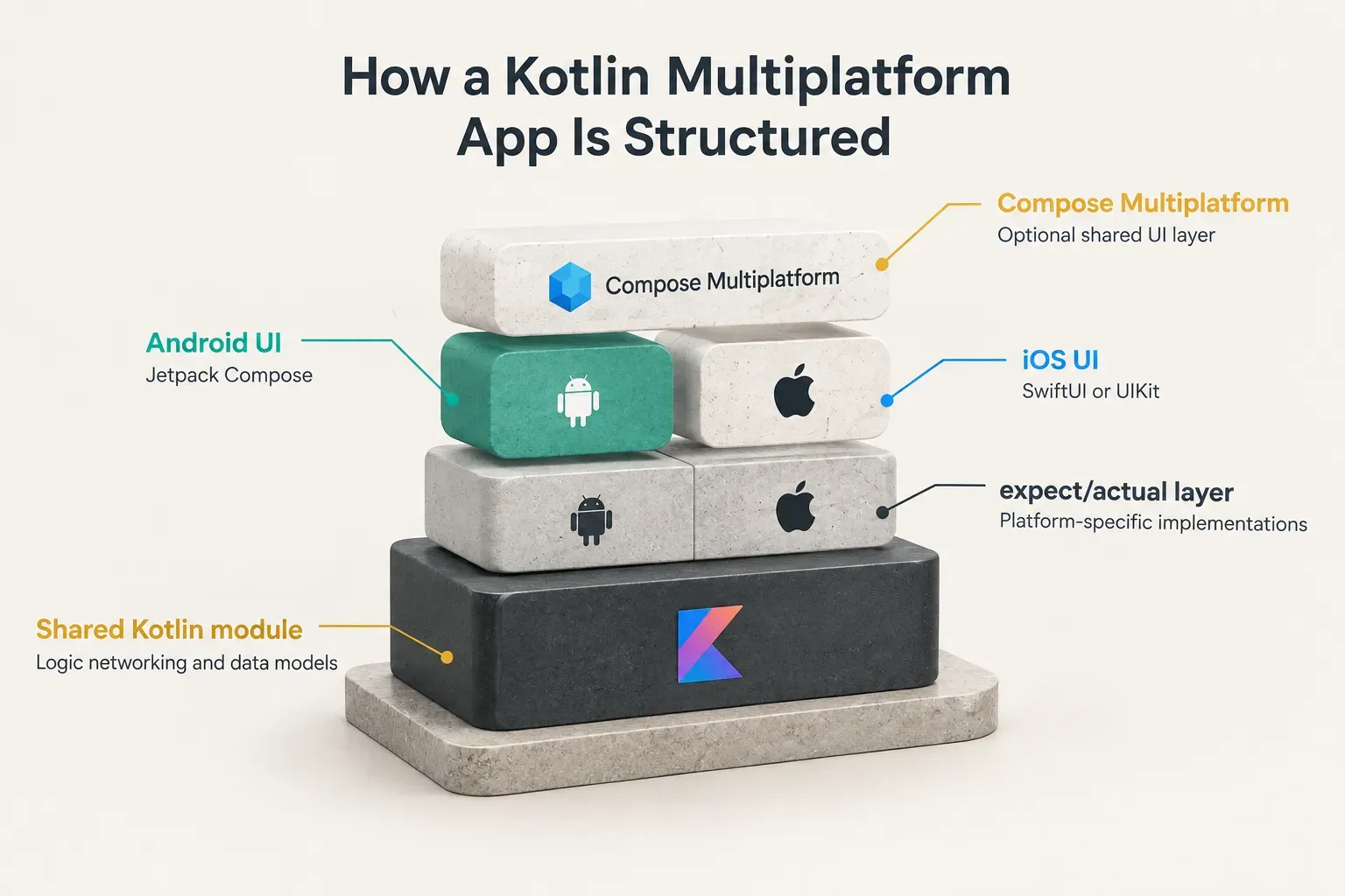 Diagram, How a Kotlin Multiplatform App Is Structured. Shared Kotlin module, Logic networking and data models…