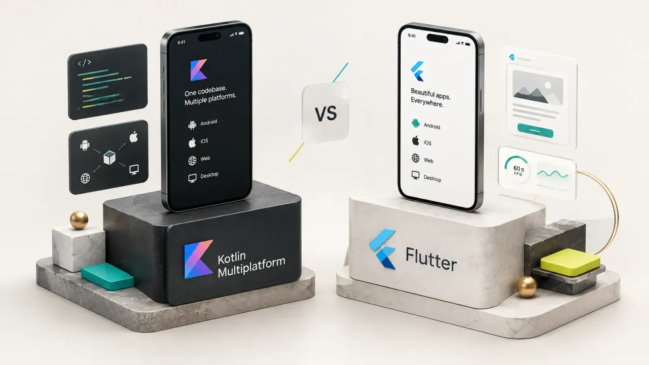 Kotlin Multiplatform vs Flutter comparison chart highlighting performance, UI approach, and code sharing differences