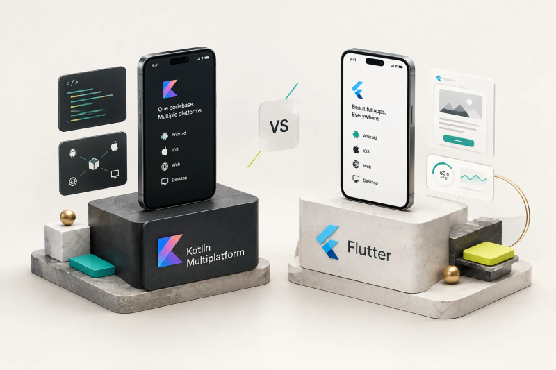 Kotlin Multiplatform vs Flutter comparison chart highlighting performance, UI approach, and code sharing differences