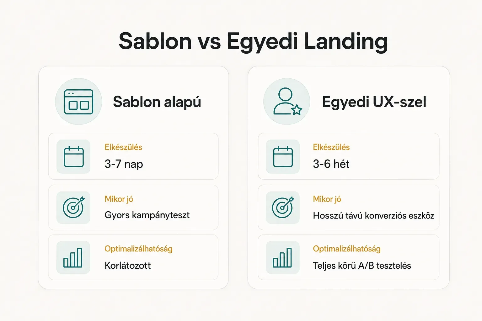 Comparison table, Sablon vs Egyedi Landing. Elkészülés, Sablon alapú: 3-7 nap; Egyedi UX-szel: 3-6 hét. Mikor jó, Sablon…