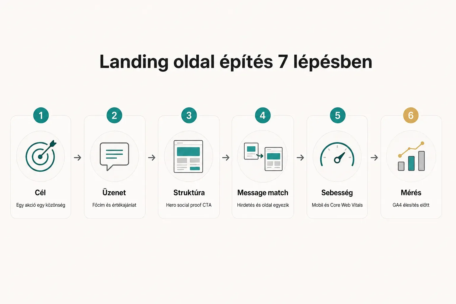 Step-by-step diagram, Landing oldal építés 7 lépésben. 1. Cél, Egy akció egy közönség; 2. Üzenet, Főcím és értékajánlat…
