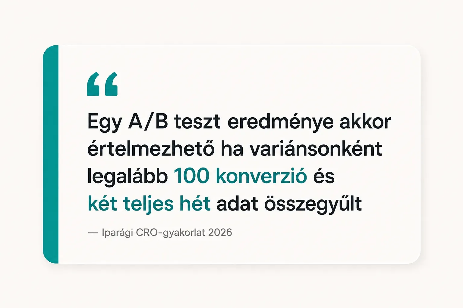 Key insight: Egy A/B teszt eredménye akkor értelmezhető ha variánsonként legalább 100 konverzió és két teljes hét adat…