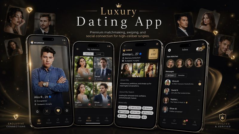 Luxury Dating App screens with a swipe card stack, social feed, and gold-on-black premium design