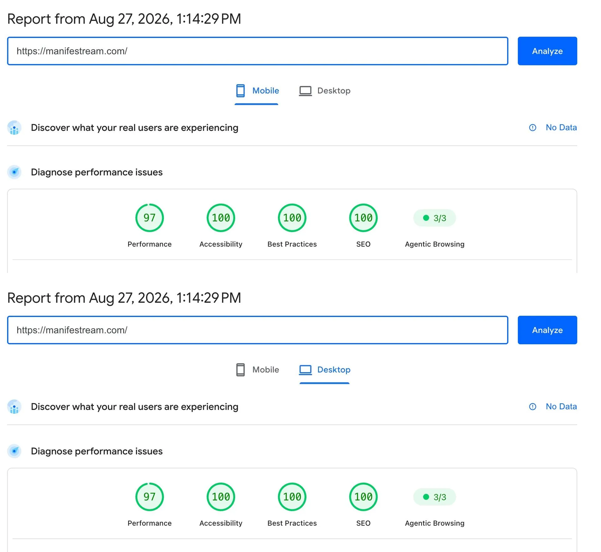 Google PageSpeed Insights results for manifestream.com: 97 performance, 100 accessibility, 100 best practices and 100 SEO on both mobile and desktop