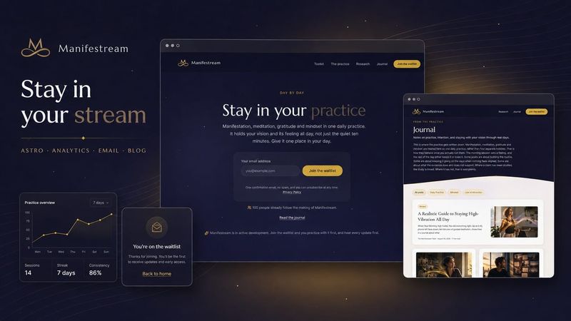 Manifestream brand visual with the waitlist landing page and journal in browser frames on a dark navy and gold background