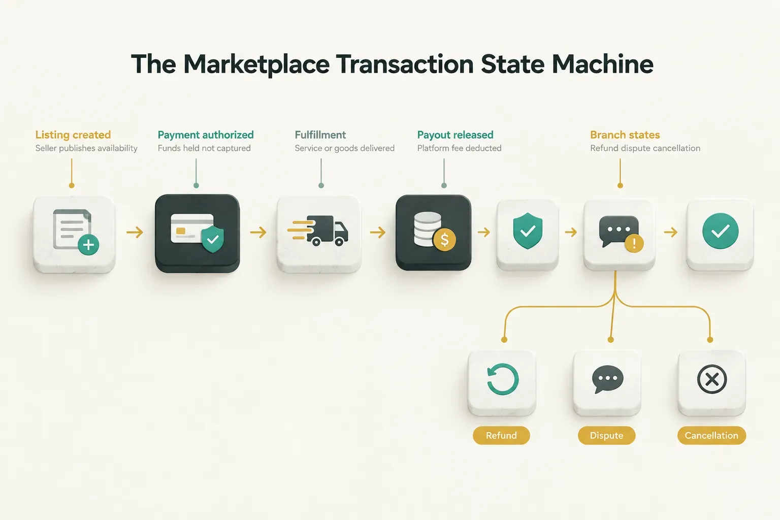 Diagram, The Marketplace Transaction State Machine. Listing created, Seller publishes availability; Payment authorized…