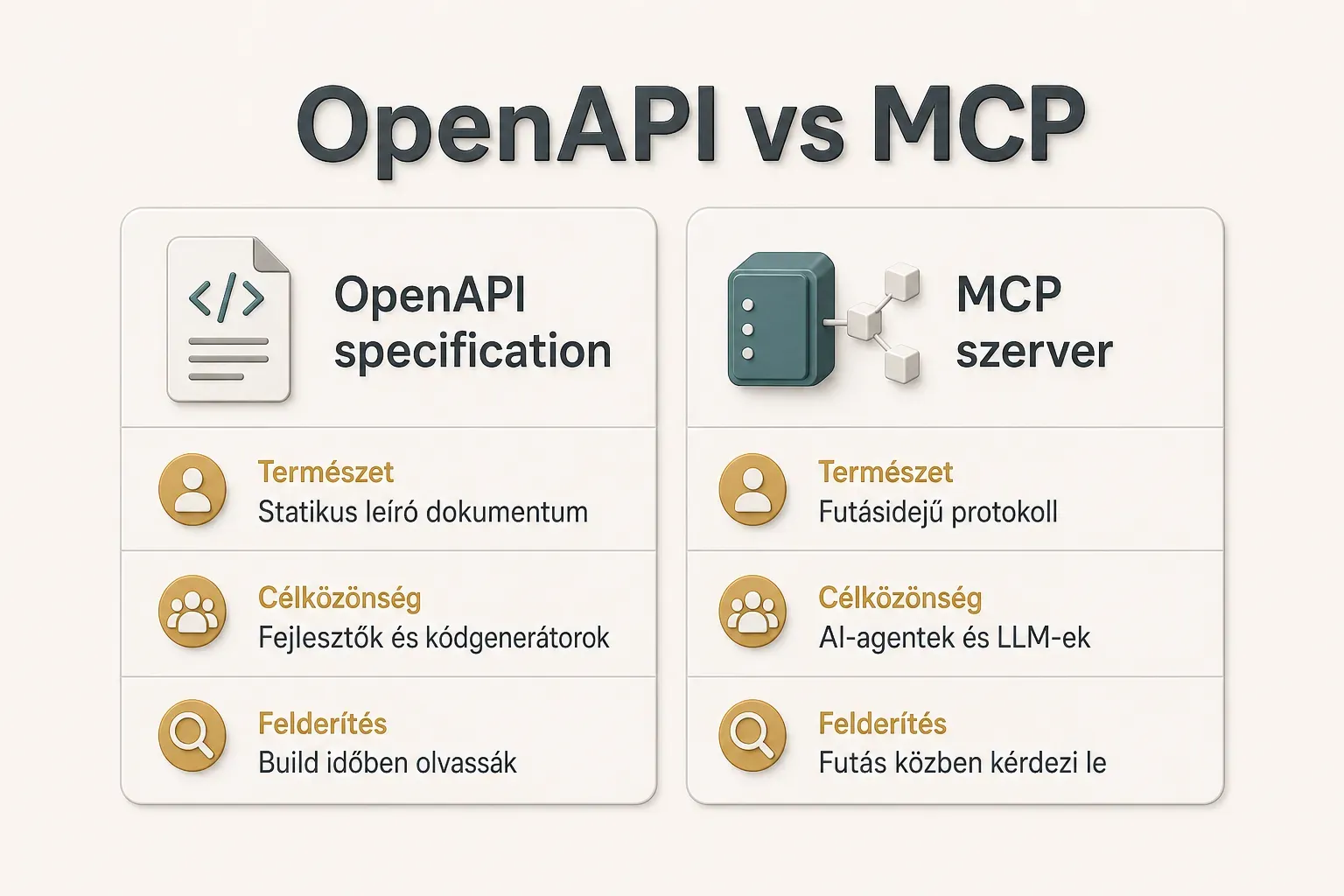 Comparison table, OpenAPI vs MCP. Természet, OpenAPI specification: Statikus leíró dokumentum; MCP server: Futásidejű…
