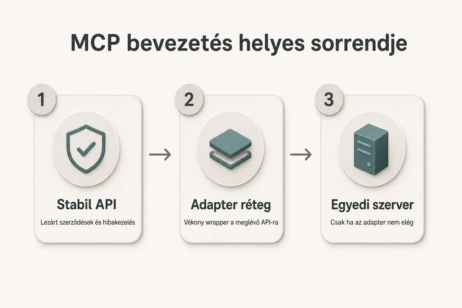 Step-by-step diagram, MCP bevezetés helyes sorrendje. 1. Stabil API, Lezárt szerződések és hibakezelés; 2. Adapter réteg…