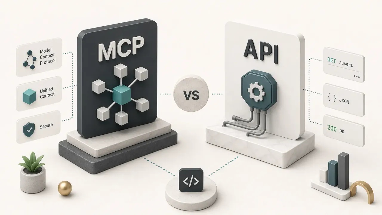 MCP vagy API összehasonlítása diagrammal, bemutatva a két technológia közötti fő különbségeket