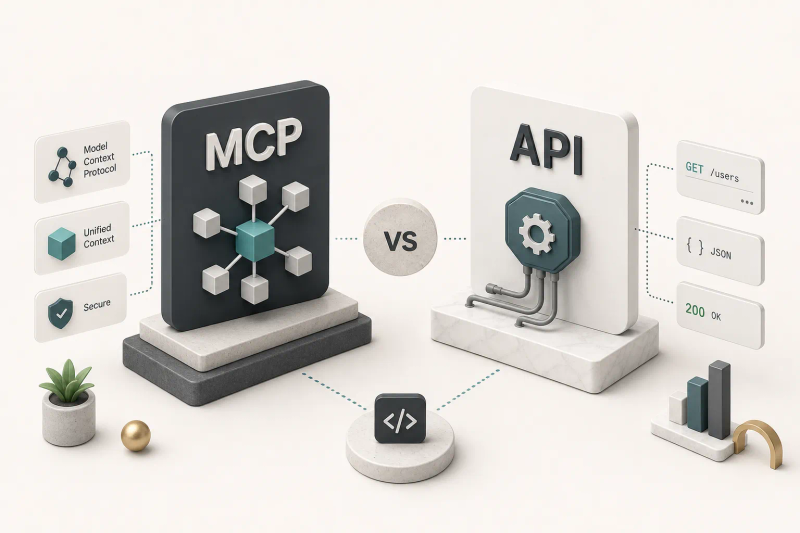 MCP vagy API összehasonlítása diagrammal, bemutatva a két technológia közötti fő különbségeket