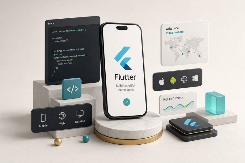 Flutter logó és kódrészlet, amely szemlélteti, mi az a Flutter keretrendszer mobilfejlesztéshez