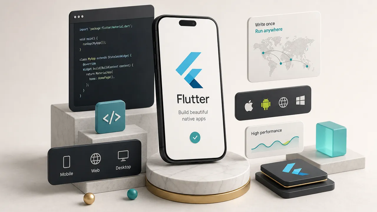 Flutter logó és kódrészlet, amely szemlélteti, mi az a Flutter keretrendszer mobilfejlesztéshez