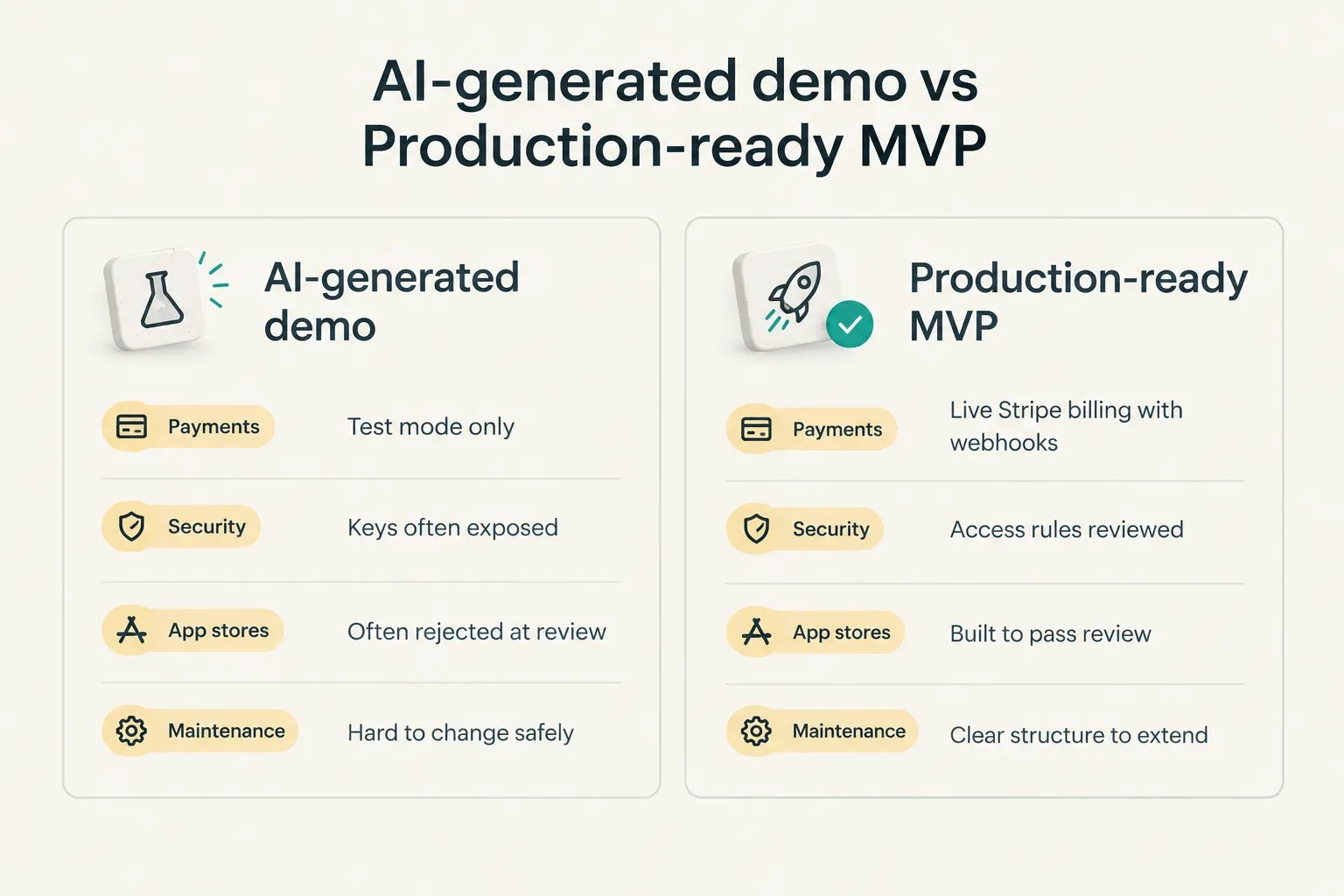 Comparison table, AI-generated demo vs Production-ready MVP. Payments, AI-generated demo: Test mode only; Production-ready…